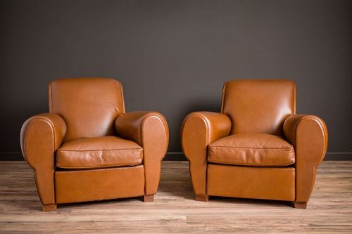 Peu de Couchon Rollback Pair of Leather French Club Chairs