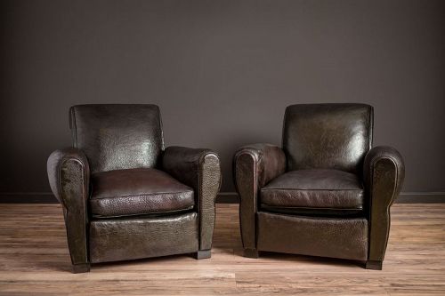 Monmarte Slopeback Fonce Pair of Leather French Club Chairs