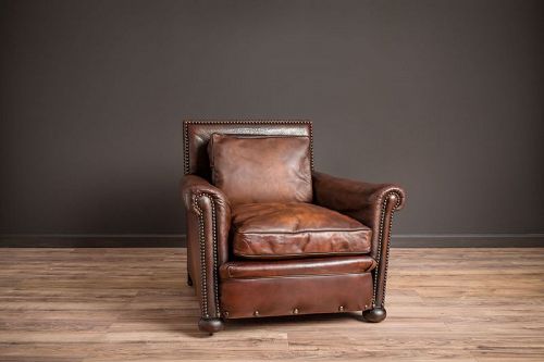 Executive Nailed Dark Solo Leather French Club Chairs=