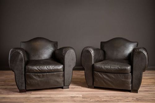 Special Gendarme De La Nuit Pair of Leather French Club Chairs