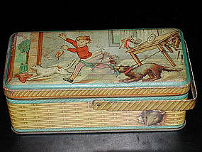 Vintage French Tin Lunch Box w Cat & Dog