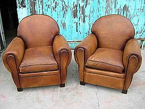 French Leather Club Chairs  - Large Roundback Pair