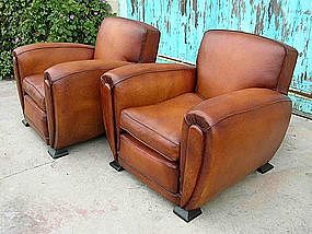 French Leather Club Chairs - Large Deco Caramel Pair