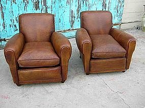 French Leather Club Chairs - Refurbished Rollback Pair