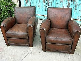 Vintage French Leather Club Chairs - Tours Pair
