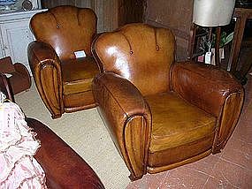 Vintage French Leather Club Chairs  Button Back Caramel