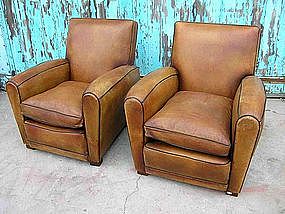 French Leather Club Chairs - Refurbished Nicolai Pair