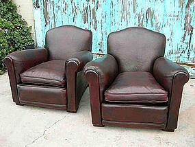 French Leather Club Chairs  - Dark Crownback Pair