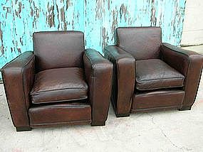 French Leather Club Chairs - Chocolate Squareback Pair