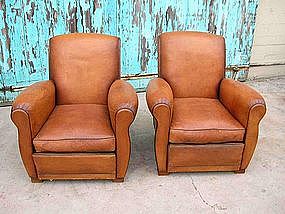French Leather Club Chairs Vintage Caramel Rollback
