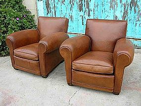 French Leather Club Chairs Refurbished Squareback Pair