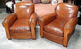 French Leather Club Chairs - Vintage Humpback Pair