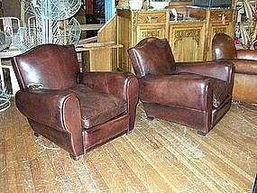 Refurbished French Leather Club Chairs Gendarme Pair