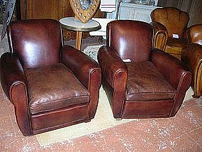 French Leather Club Chairs Refurbished Rollback Pair