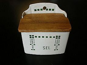 Vintage French Ceramic Saltbox Green & White