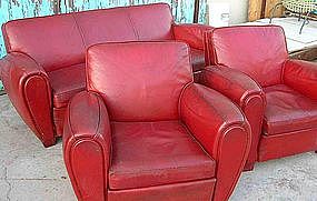 Vintage French Red Club Chairs with Couch Salon Set