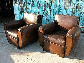 Vintage French Leather Club Chairs - Double Square Pair
