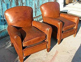 Vintage French Leather Club Chairs - Crevecoeur Pair
