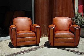 French Leather Club Chairs LeMans Library Restored Pair