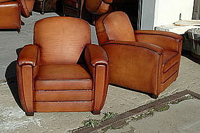 French Leather Club Chairs Longchamp Library Pair