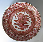 Antique Red Kutani Dish with Motif of Dragon