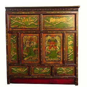 Unusual Antique Tibetan hand painted Wood Cabinet