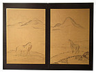 Antique Japanese Two Panel Screen with Horses