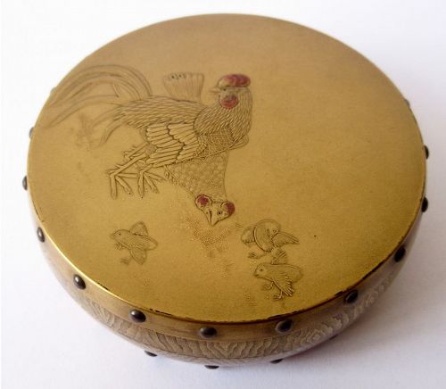 Exquisite 18th C. Japanese Lacq. Incense Box with Rooster and Chickens