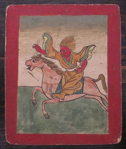 Tibetan Antique Tsakli Card with Painting of Red Heruka on Horseback