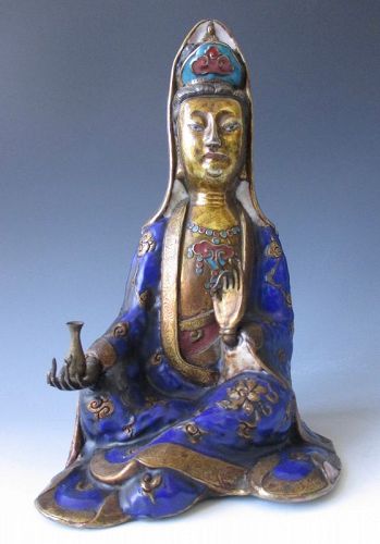 Chinese Antique Bronze and Enamel Cloisonné Seated Guanyin