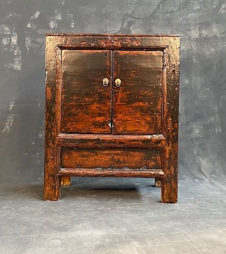 Antique 19thC Chinese Small Country Cabinet Pine with Lacquer Finish
