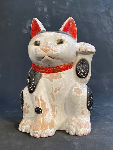 Antique Maneki Neko Mikawa Japanese Beckoning Cat Large Meiji/Taisho