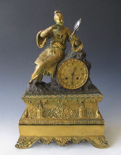 Chinoiserie Antique Gilt Bronze Clock with Chinese Maiden