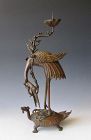 Japanese Antique Bronze Crane and Turtle Candlestick