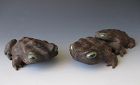 Japanese Antique Group of Three Wooden Frogs