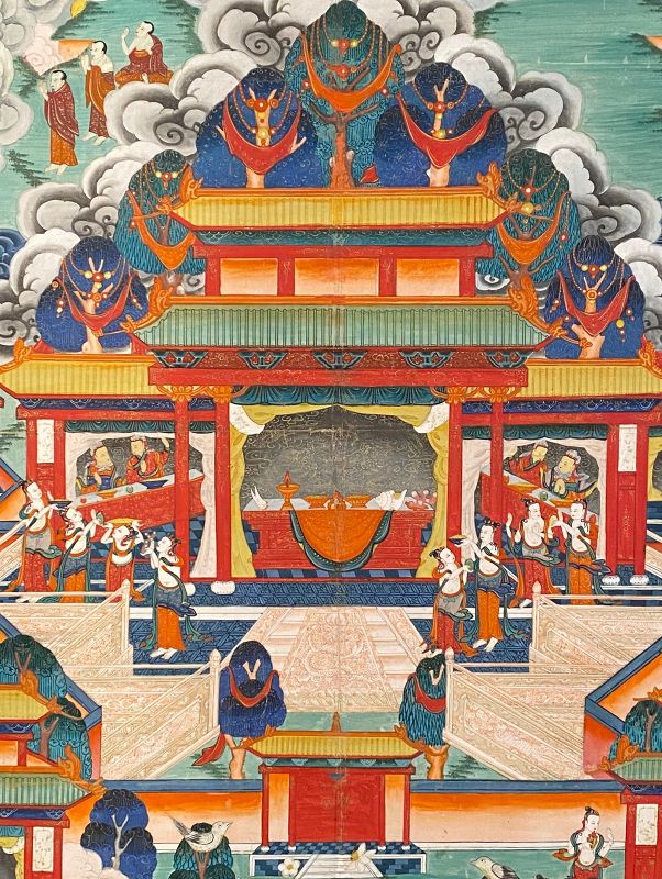 Sino-Tibetan Thangka Painting with Buddha and Palace