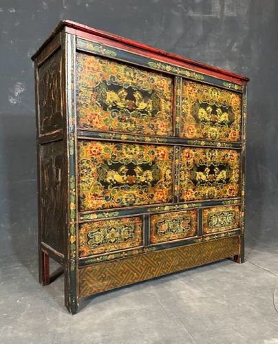 Tibetan Antique Storage Cabinet 19th C Playful Snow Lions