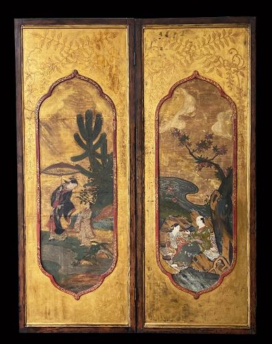Japanese Antique 2-panel Wooden Screen Painting with Figures