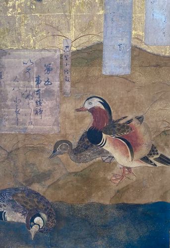 Japanese Antique 6-panel Screen Painting with Birds and Poems