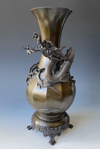 Antique Japanese Bronze Vase Dragon & Water Meiji Era